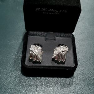 Silver Tone Earrings with 3 Ridges and a Strip of CZ Chips